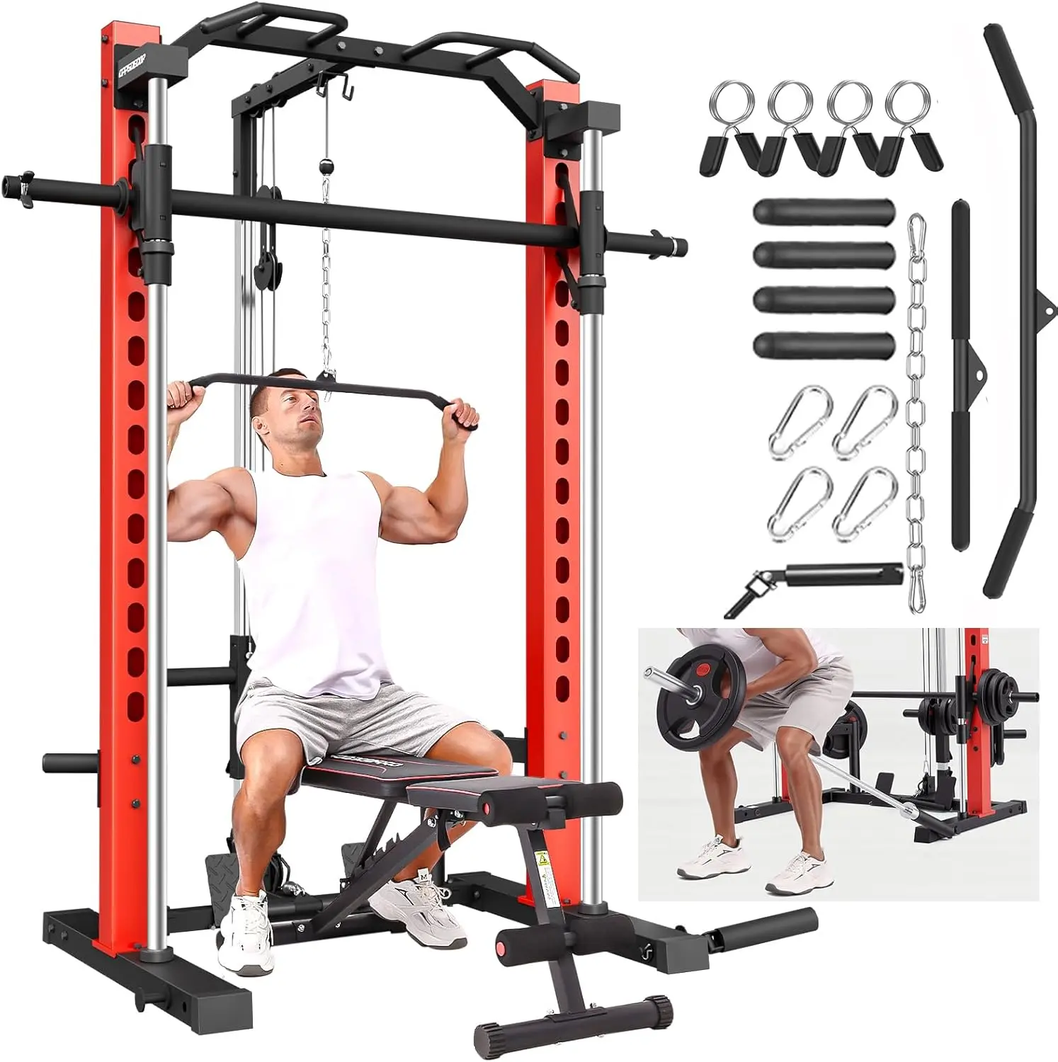 OPPSDECOR Smith Machine Home Gym Combo, All-in-1 Heavy-Duty Steel Power Cage and Squat Rack with Lat Pulldown, Cable Crossover, Multifunctional Workout Equipment for Strength Training, Home Exercise Machine, Multifunctional Home Gym tiktokshopbacktoschool