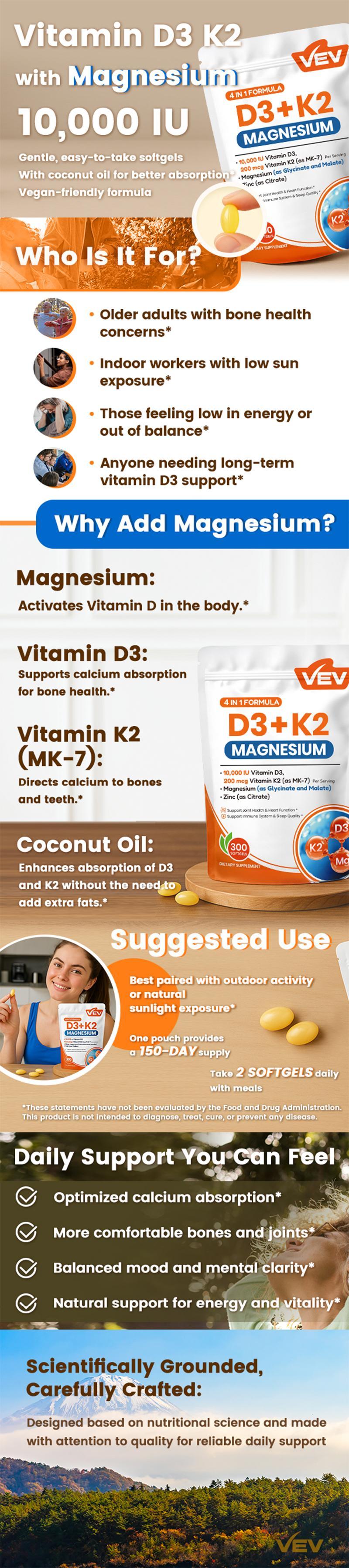 VEV Vitamin D3 K2 10,000 IU Magnesium Supplement – with Vitamin D and K (MK-7), Magnesium Glycinate & Malate, Zinc Citrate – 300 Softgels for Energy, Bone & Muscle Support