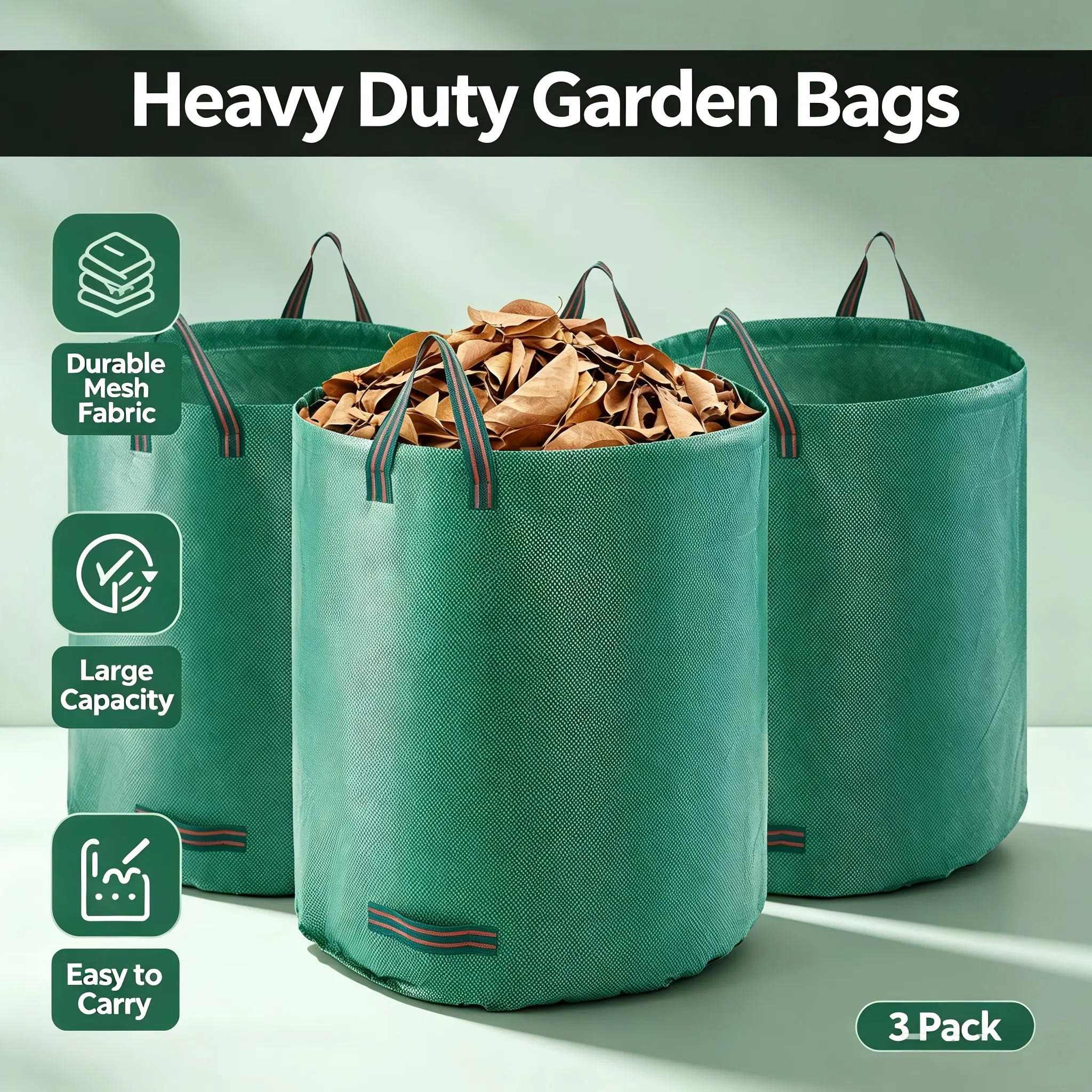 【Summerfinds】VEVOR 3-Pack 72 Gallon Reusable Yard Waste Bag,  , Large Lawn Garden Bags, Heavy Duty Collapsible Garden Leaf Trash Container, Stand-Up Grass Clipping Bin, with Reinforcement Ring and Handles, 26.4x30 in