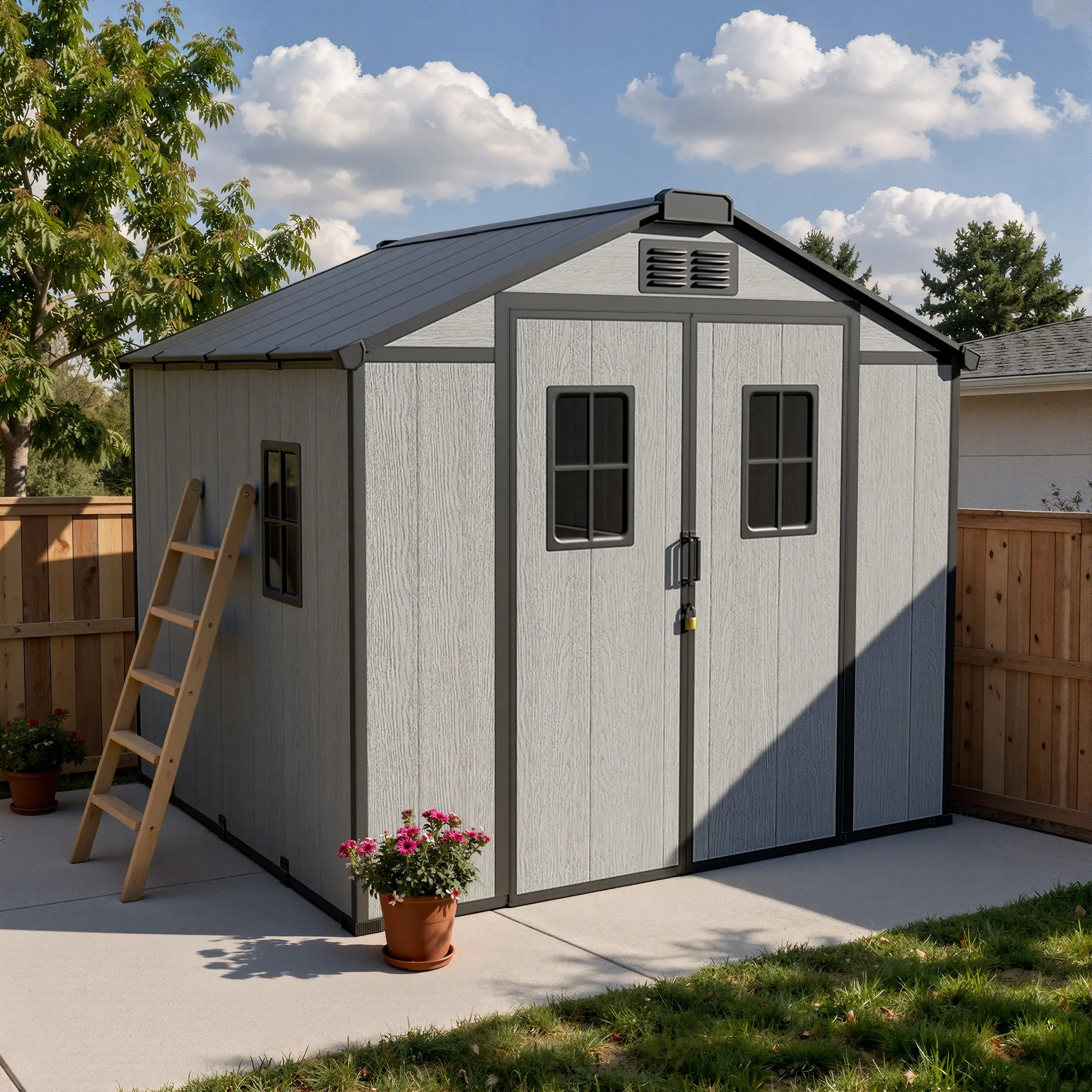 CAODOC Outdoor Storage Shed 8x10FT, with 2 Vision Windows, Resin Shed with Floor, Outdoors Garden Tool Storage Shed for Bikes, Tools and Lawnmower