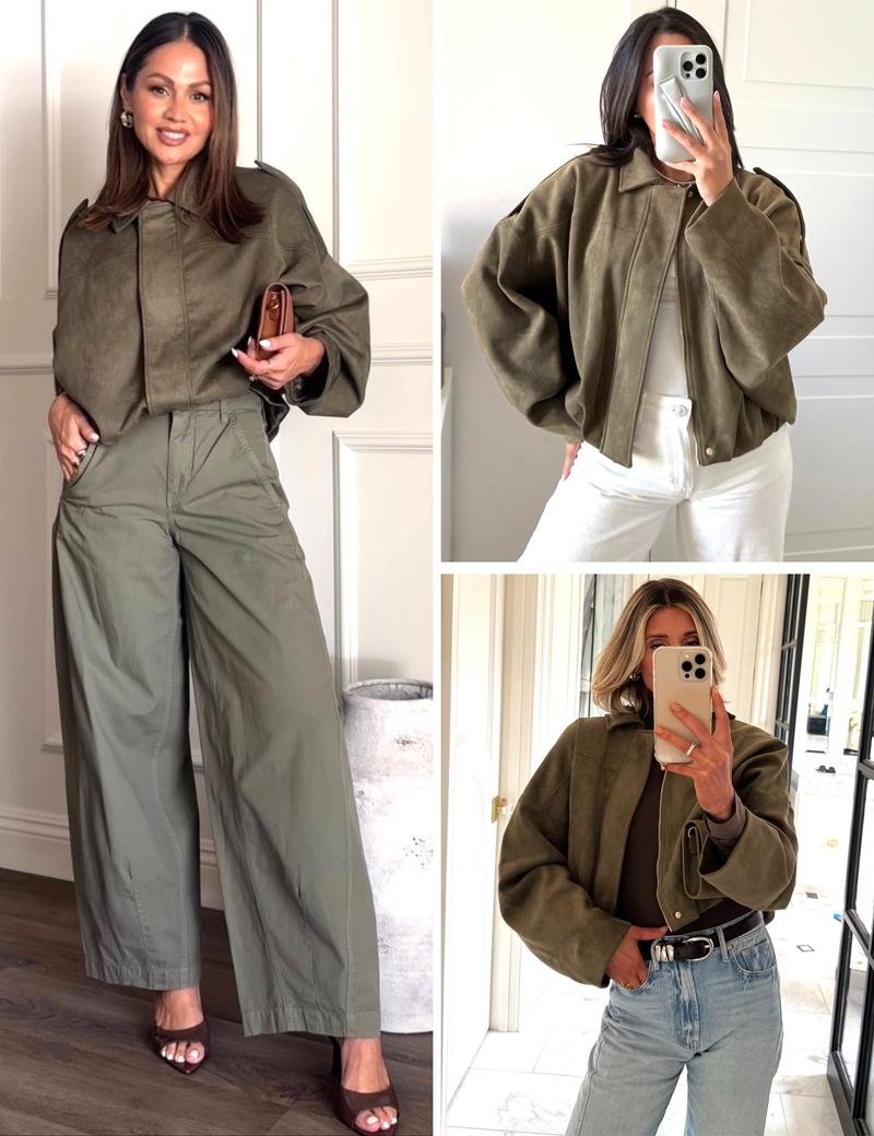 HVEWARM Women's Faux Suede Bomber Jacket Fall Winter Lapel Pilot Coat Casual Oversized Long Sleeves Zip Up Trendy Streetwear Outerwear Soft Luxe Look Classic Trendy Twist