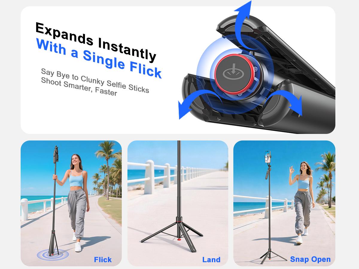 All-in-One Selfie Stick Tripod ,One-Click Automatically Pop-Up Open, Face Tracking ,Gesture Control Functions , with Handheld Stabilizer,Detachable Phone Holder ,360°Rotation,with Mutifunctional Remote Control,Maximum Extends to 68.9 inches