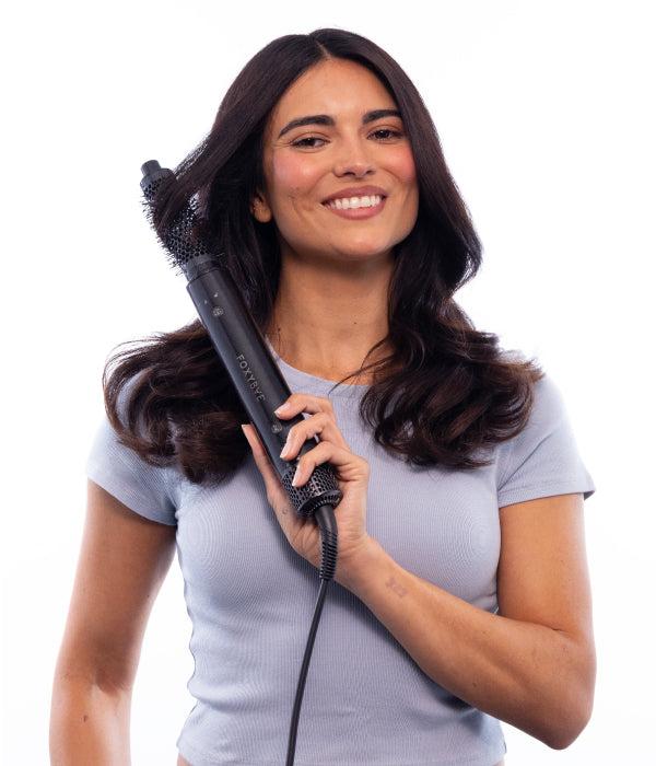 FoxyBae Black Shimmer Super Styler Pro+ Styling Set – Interchangeable Hair Styler & Salon Equipment with Auto-Wrap Heated Curler, Blowout & Round Brushes – Frizz-Free, Smooth, Shiny Hair