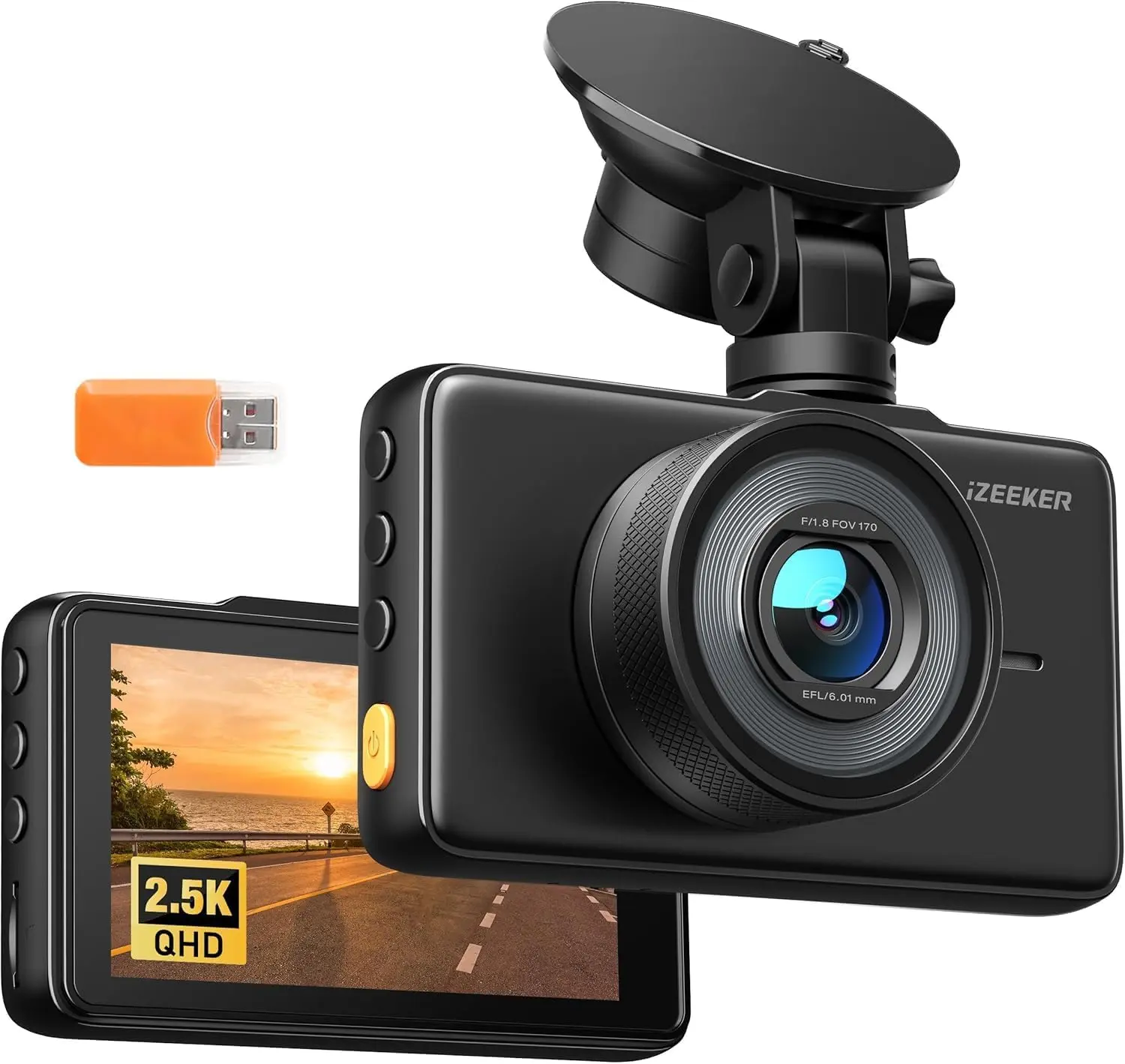 2.5K 1440P QHD Front Dash Cam Car Camera with 3 IPS Screen Night Vision WDR 170 Wide Angle Loop Recording G-Sensor Emergency Video 24H Parking Monitor Type C Powered Dashboard Recorder Drive Camera No Card