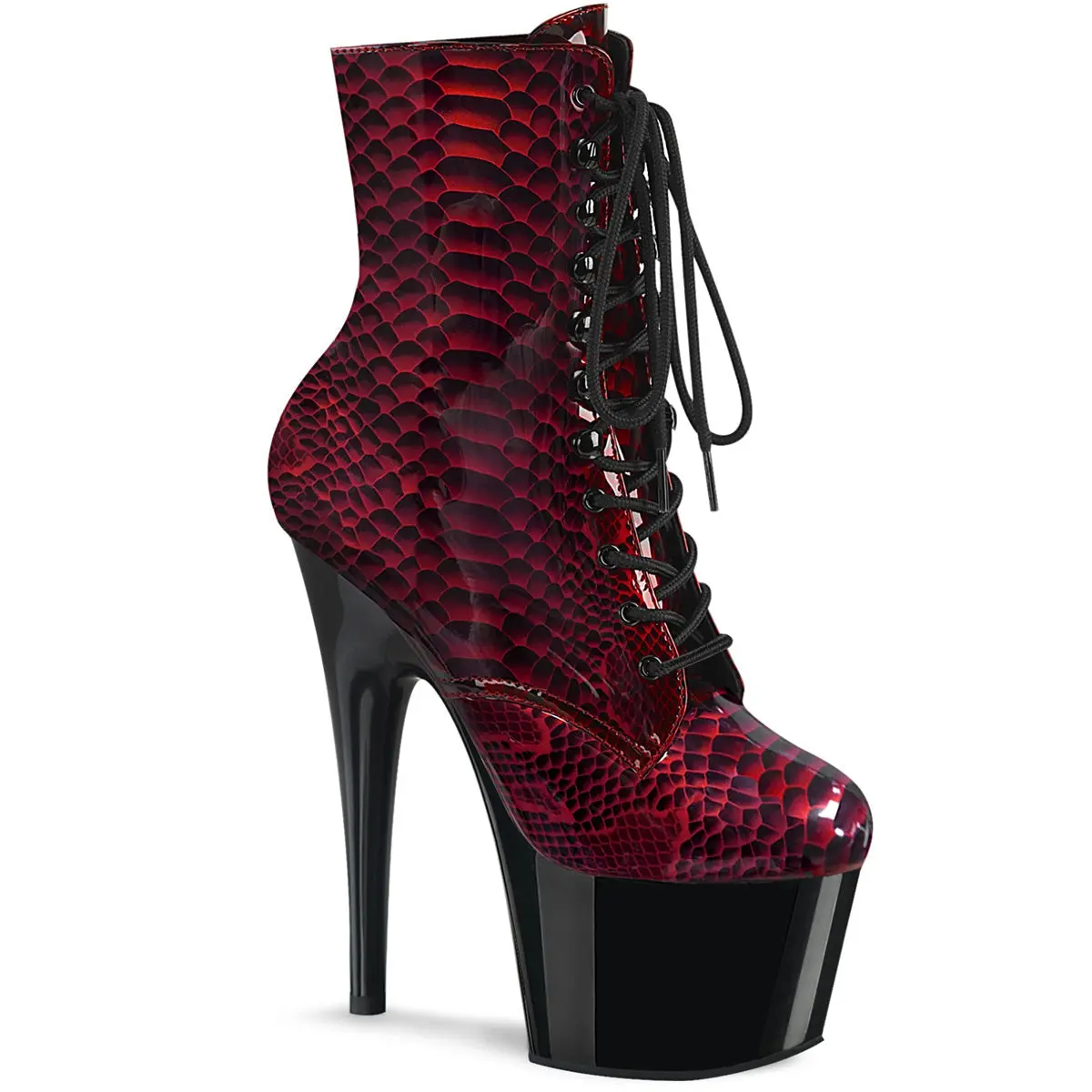 Pleaser Women's Footwear Adore-1020SP Python Ankle Boot, Bold Red & Black Holographic Animal Print Stiletto with 7-in Heel, 2.75-in Platform, Lace-Up Front Statement Shoes