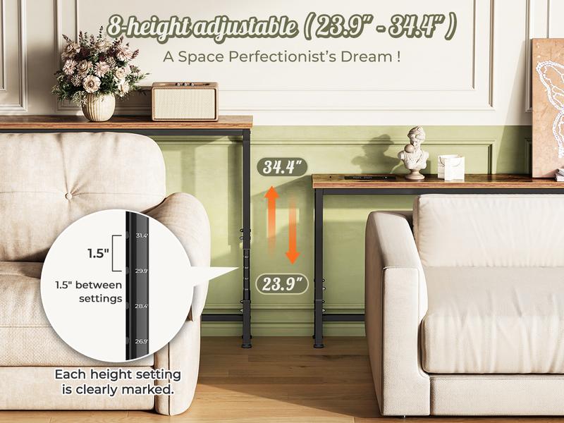 Huuger 102.4/110.2 Inch Sofa Table with Power Outlets, 23.9’’-34.4’’ Height Adjustable Range, Behind Couch Table with USB-C Ports, Sofa Tables Narrow Long, Skinny Console Table, Small Spaces