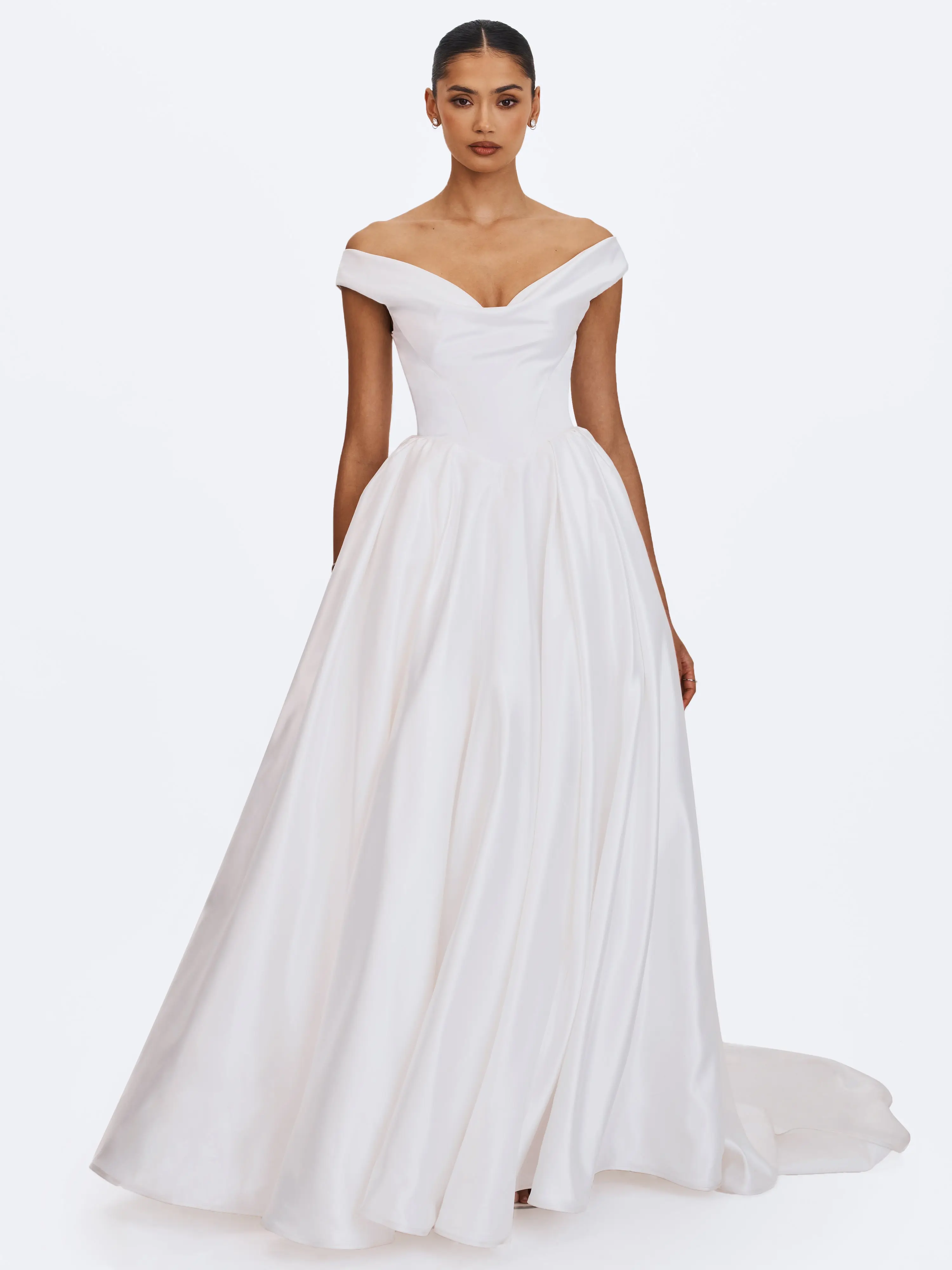Unna White Satin Bardot Cowl Wedding Gown