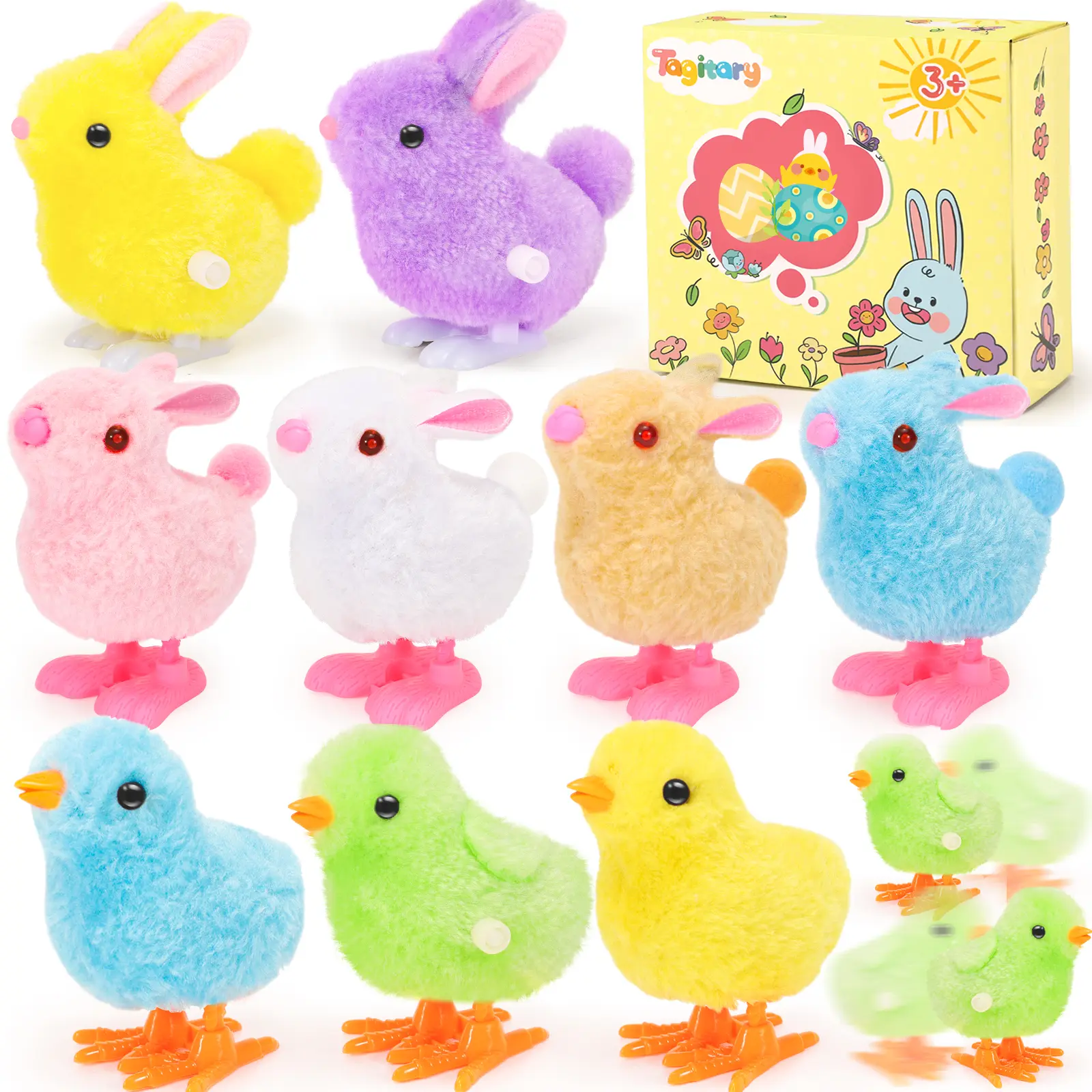 Tagitary Wind-Up Stuffed Animal Toys, Bunny & Jumping Chick Plush Set, Toddler Easter Egg Hunt Basket Favors, Party Stocking Stuffers summerwins,summerwins