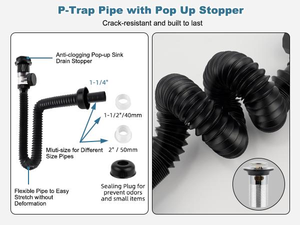 Hibbent Bathroom Sink Drain Kit, Flexible P-Trap Drain Pipe with Pop Up Stopper, Expandable Bathroom Sink Pipe Replacement with 2 Adapters, Fits 1-1/4'', 1-1/2'', 2" Holes, Hair Catcher, Chrome Hibbent Bathroom Sink Drain Kit, Flexible P-Trap Drain Pipe with Pop Up Stopper, Expandable Bathroom Sink Pipe Replacement with 2 Adapters, Fits 1-1/4'', 1-1/2'', 2" Holes, Hair Catcher, Chrome