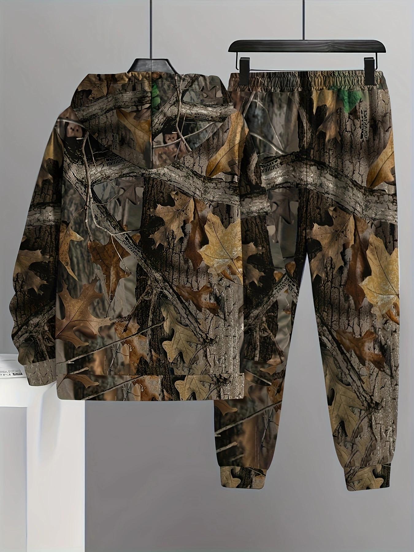 Men's camouflage print hoodie and joggers set, made from casual polyester knit fabric with stretch