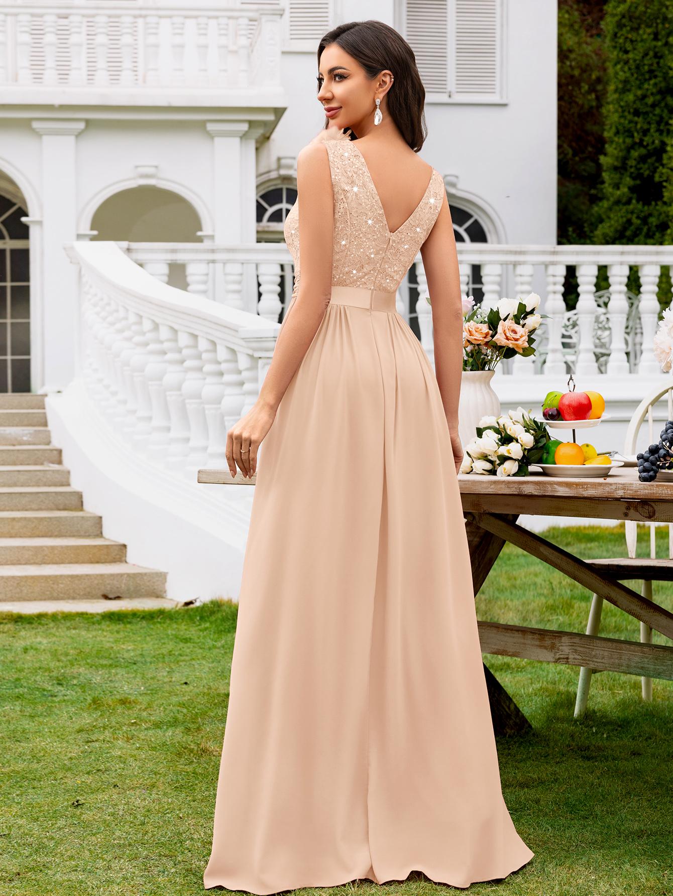 Miusol 24451A Women's Elegant Deep V Neck Sequin Lace Chiffon Maxi Party Dress Sleeveless Ruched Split Thigh Formal Evening Ball Gown for Wedding Guest Prom Graduation Bridesmaid Bridal and Spring or Summer Cocktail Party Event SpringStatements