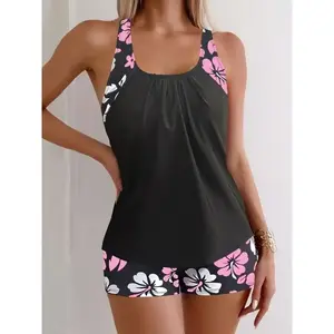 Elegant2pcsFloralPrintTankini-Women'sSwimsuitSetWithAdjustableStrapsAndHighWaistBottoms