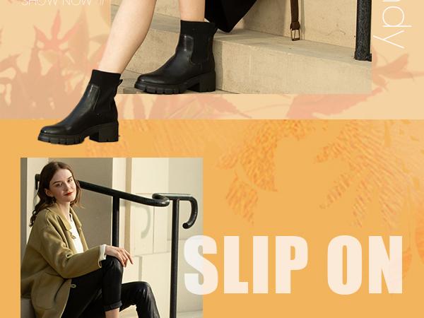 Athlefit Women's Chelsea Boots Fashion Lug Sole Chunky Heel Slip on Elastic Ankle Booties boots  women winter boots Shoes Casual Warm Faux Leather