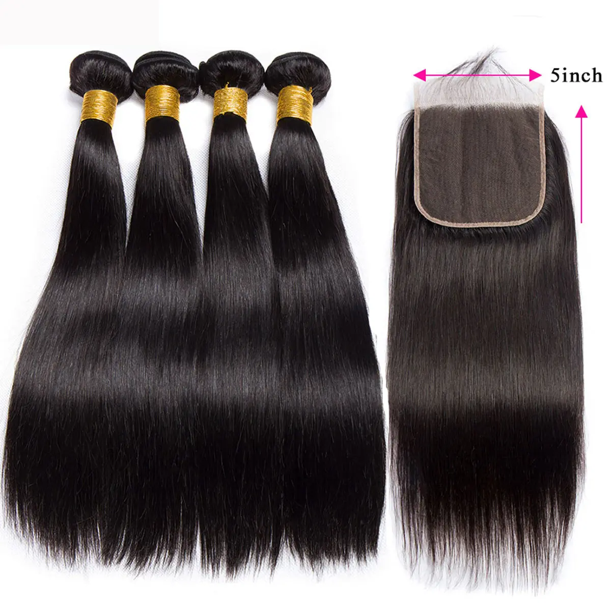 BELE HAIR Straight Bundles With 5x5 Lace Closure Quick Weave Bundles With 5x5 Transparent Lace Closure Brazilian Hair Bundles With Lace Closure Natural Black Color For Women  Unprocessed Human Bundle Extension With Swiss Lace Closures Free Part