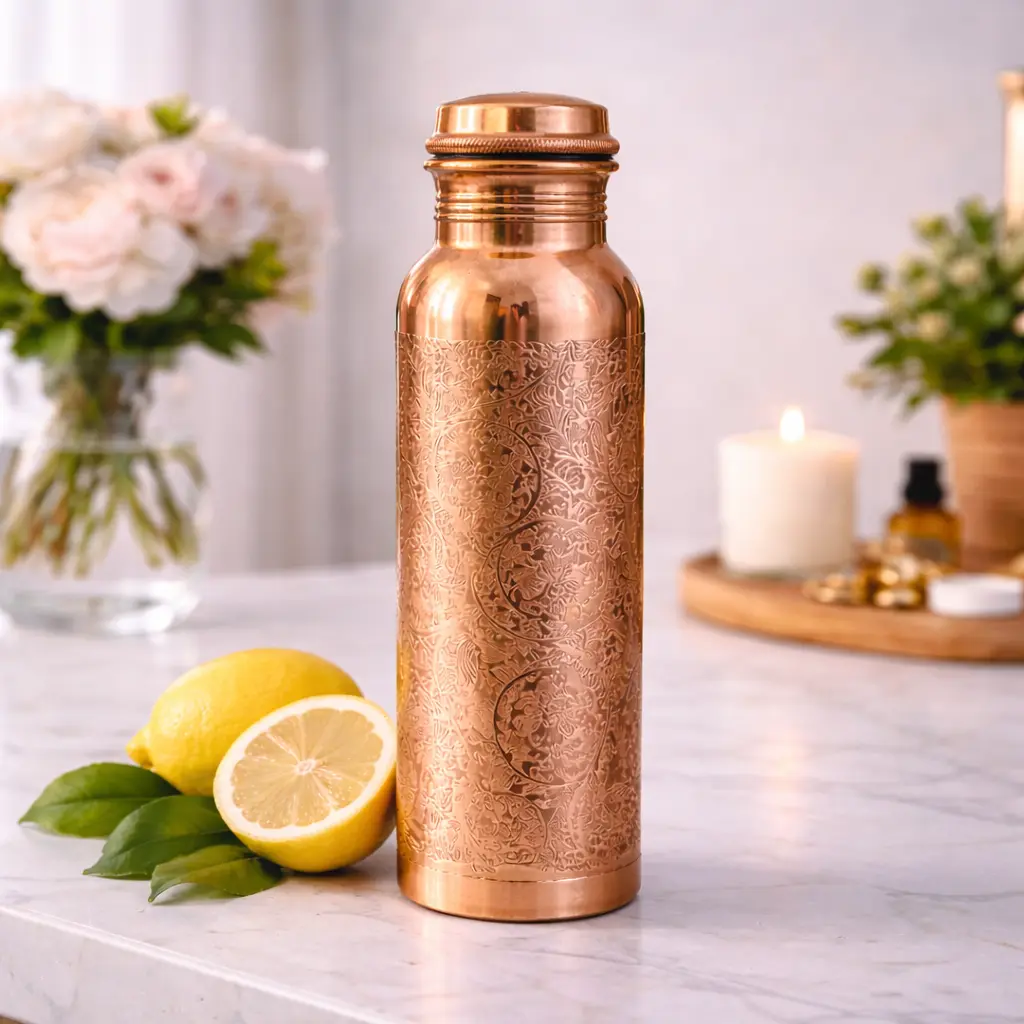 34oz Portable Pure Copper Water Bottle - Handmade Engraved Ayurvedic Reusable Kitchenware Drinkware for Wellness, Gifting, Tumbler