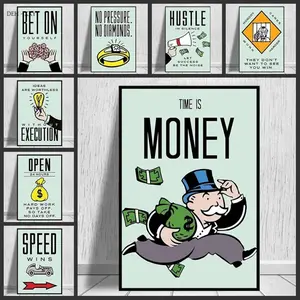 Home Office Motivational Decorative Painting Monopoly Time Is Money Canvas Posters Hustle Inspirational Cartoon Wall Art Picture with Solid Wood Frame Waterproof Design