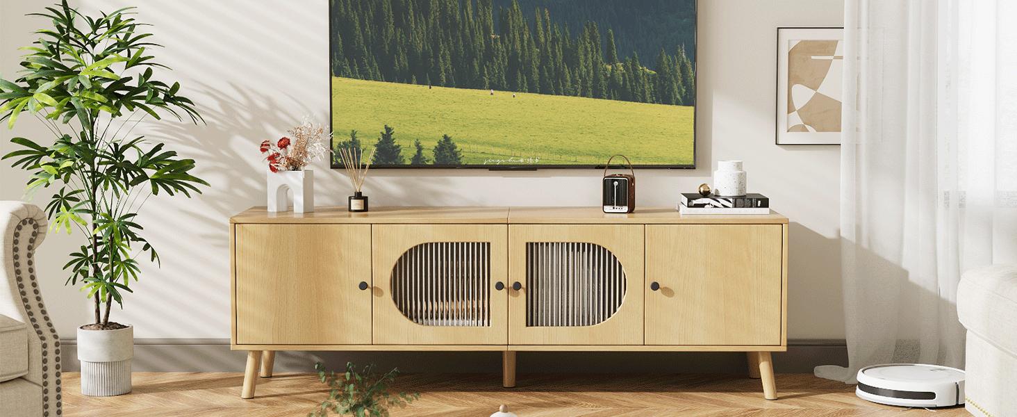 【Springtok】VOWNER TV Stand for 55/60/65 inches TV, Wood Media TV Cabinet with Glass Doors, Entertainment Center with Storage for Living Room, Bedroom, Oak 【Springtok】VOWNER TV Stand for 55/60/65 inches TV, Wood Media TV Cabinet with Glass Doors, Entertainment Center with Storage for Living Room, Bedroom, Oak