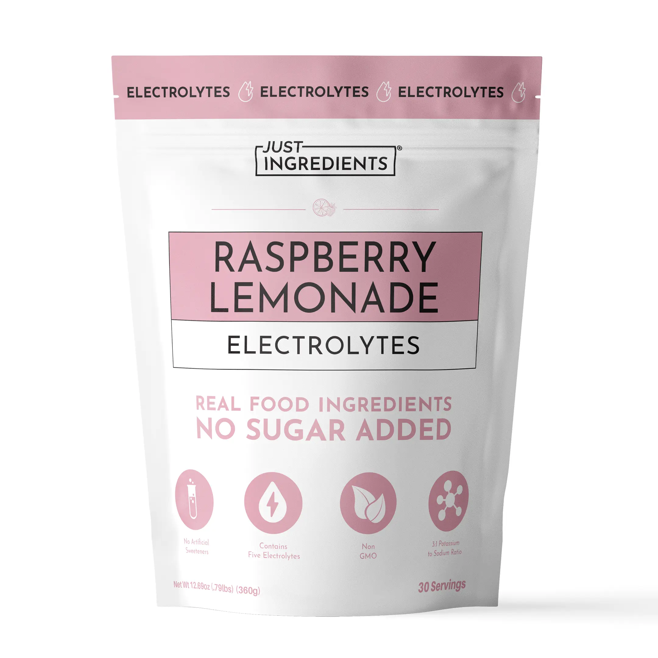 Just Ingredients Raspberry Lemonade Electrolytes – 30‑Serving Hydration Drink Mix with Coconut Water, Essential Minerals & Real Fruit Flavors – Sweetened with Monk Fruit & Stevia – No Artificial Ingredients