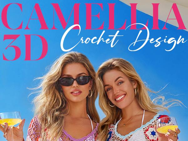 FAIRY SEASON Women's Crochet Beach Cover Up Dress Boho Bell Sleeve 3D Camellia Embroidery for Vacation Pool Party Featherlight Versatile Cover-Up