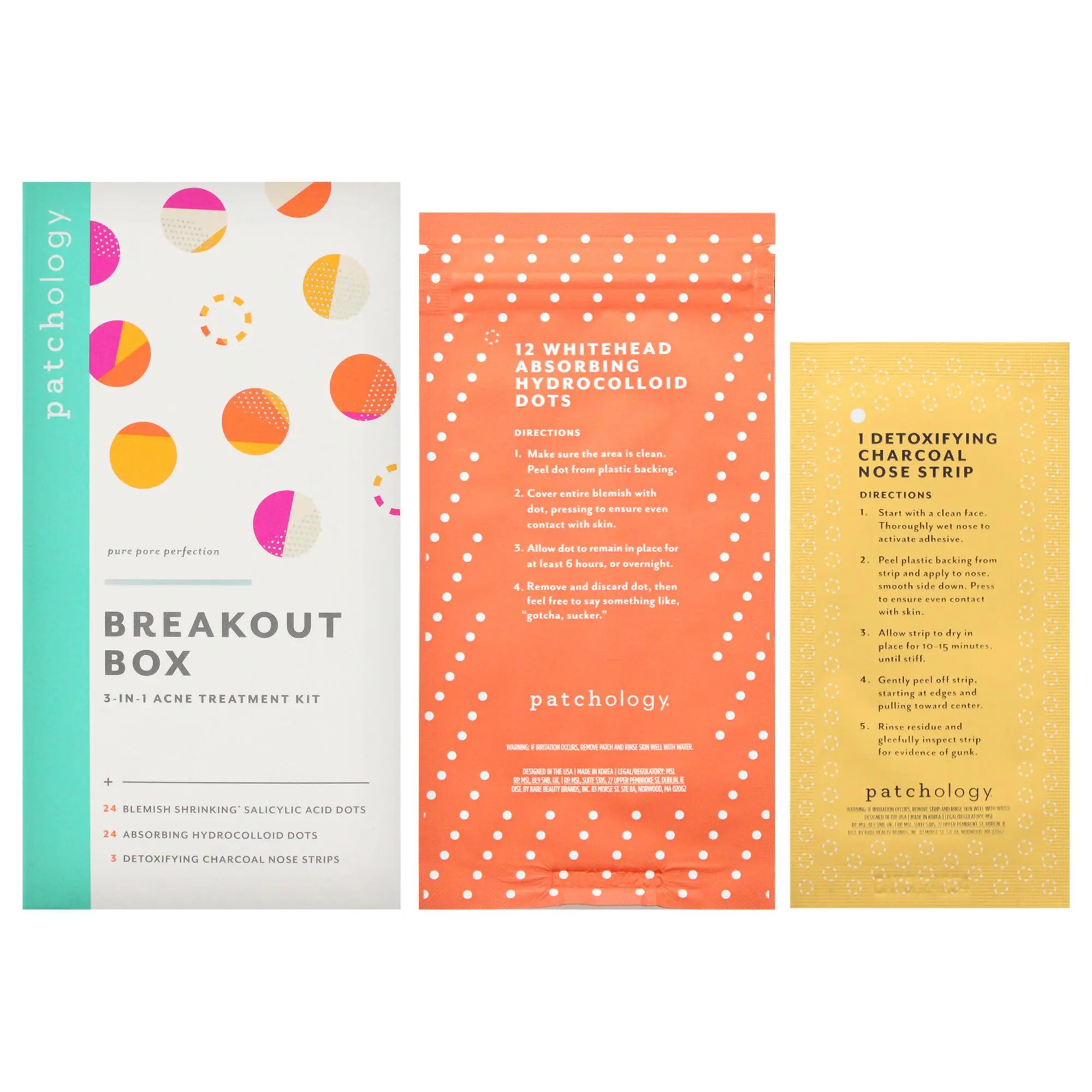 Unisex Patchology 3-in-1 Multi-Treatment Acne Care Kit Set - 3 Blackhead-Eliminating Charcoal Nose Strips, 24 Pimple-Shrinking Salicylic Acid Dots, 24 Whitehead-Absorbing Hydrocolloid Dots