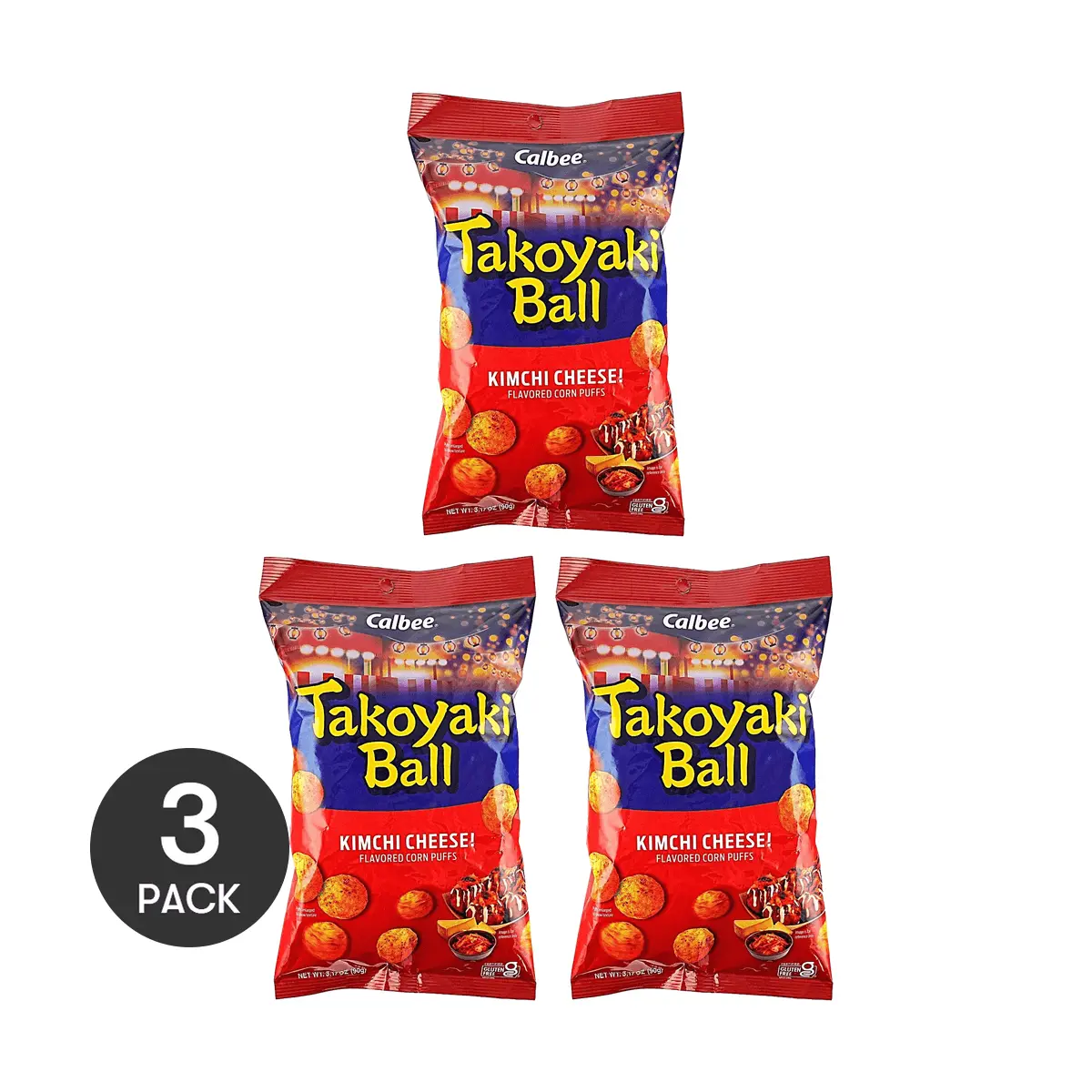 Calbee 3 Pack Takoyaki Corn Puffs 3.17oz Each - Kimchi Cheese Flavor, Gluten Free Japanese Snack