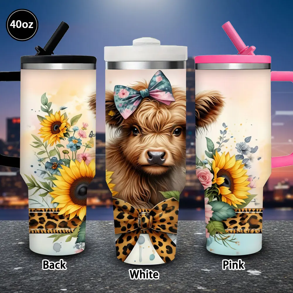 1pc 40oz Sunflower & Floral Pattern Vacuum Flask Tumbler with Lid and Straw, Winter Insulated Travel Mug, Gift for Women, Ideal for Valentine's Day, Office Coffee Cup, Flasks, Portable