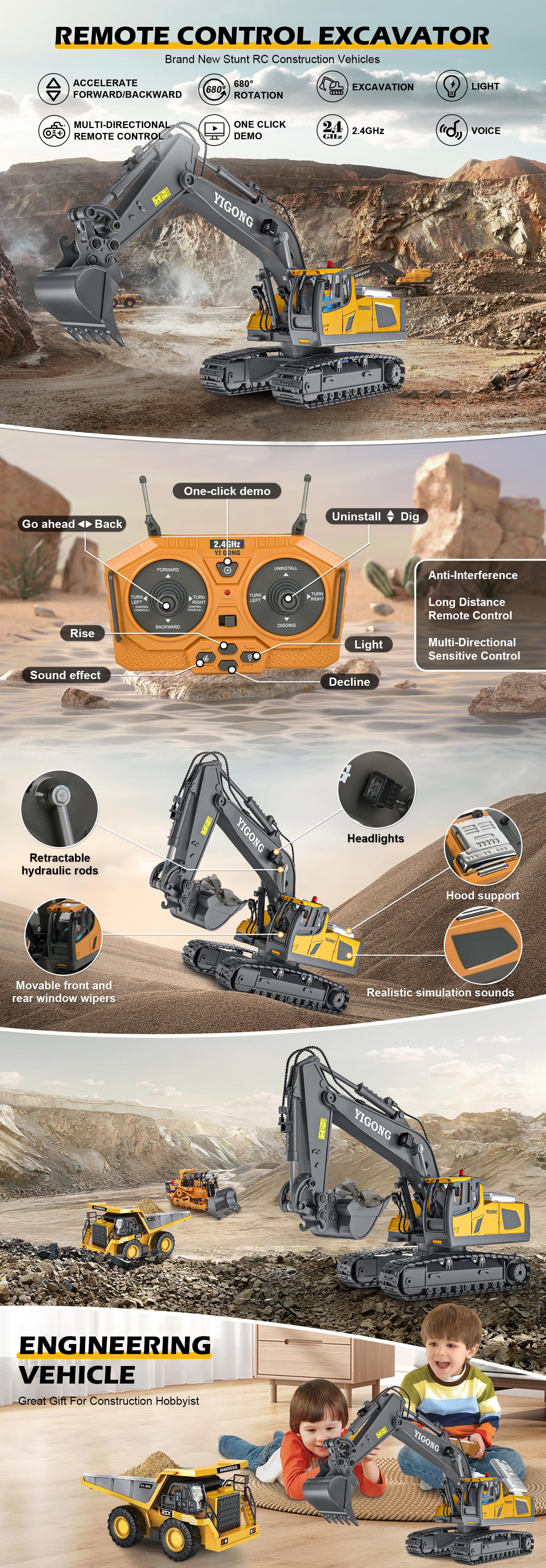 【Perfect gift】Akeleo Remote Control Engineering Vehicle 2.4G High-Tech 11 Channels, Remote Control Excavator, Dump Truck, Aluminium Alloy ABS Engineering Vehicle Electronic Toy,Realistic Lights and Sounds,Gifts