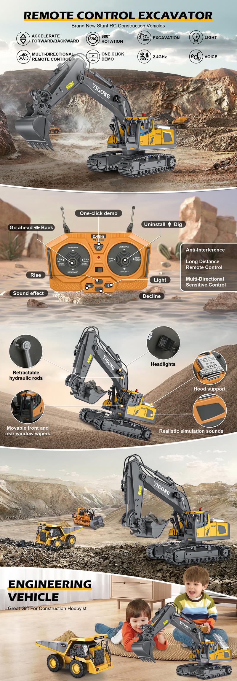 【Valentine's Sale ON!】Akeleo Remote Control Engineering Vehicle 2.4G High-Tech 11 Channels, Remote Control Excavator, Dump Truck, Aluminium Alloy ABS Engineering Vehicle Electronic Toy,Realistic Lights and Sounds,Gifts