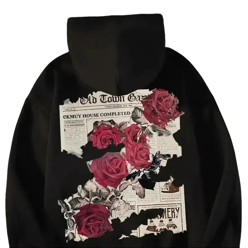 Fashionable high street hoodie with newspaper rose print pattern,  hoodie long-sleeved comfortable and breathable hoodie, suitable for both men and women, ideal for Halloween gifts. Casual Floral