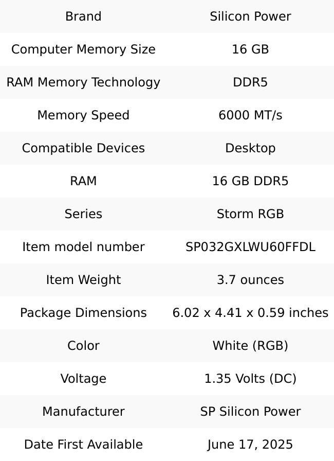 Silicon Power DDR5 32GB (2x16GB) Storm RGB 6000MT/s (PC5-48000) 288-pin CL36 1.35V UDIMM Desktop Memory Module RAM SP032GXLWU60FFDL White