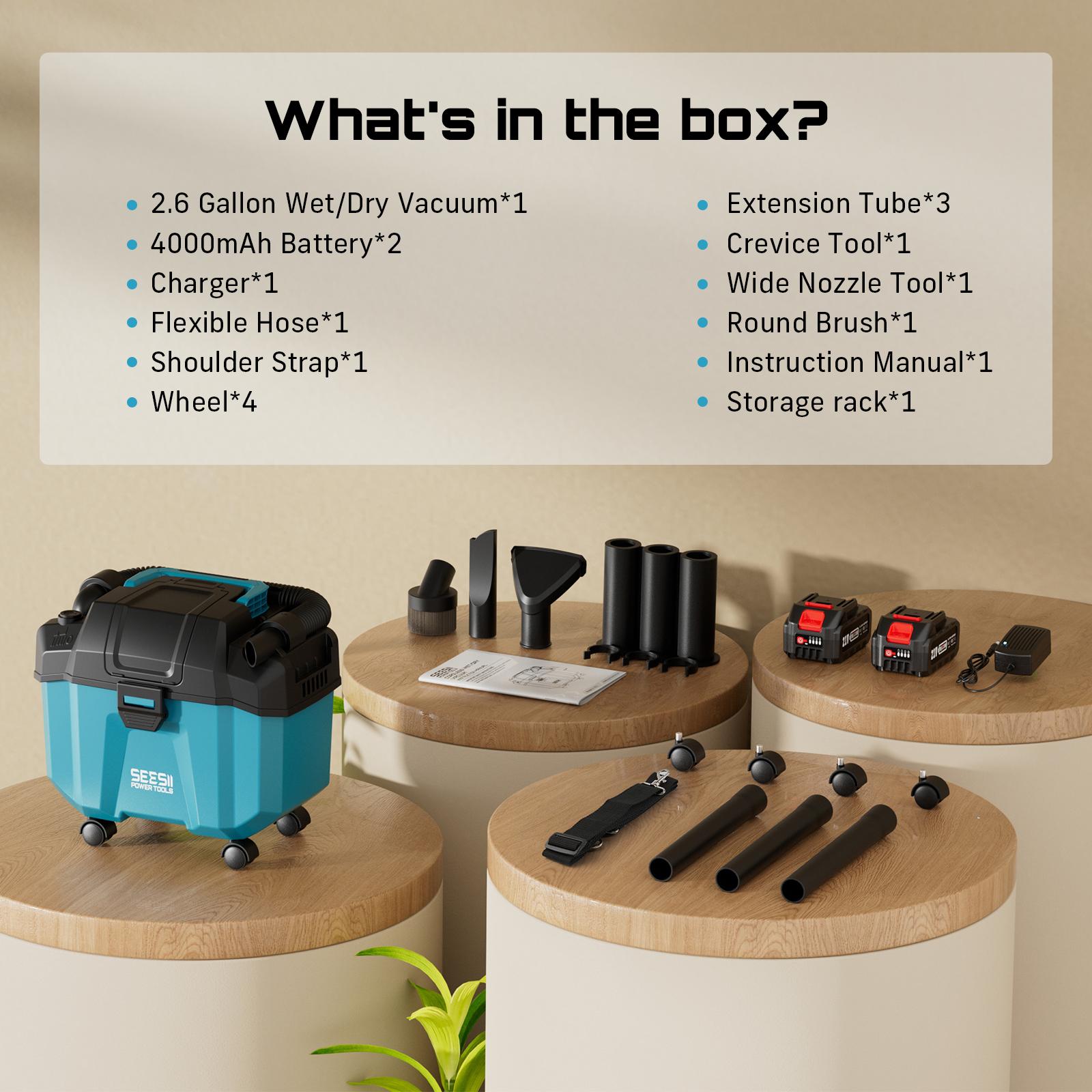 【SEESII】 Cordless Vacuum Wet&Dry, 2.6Gal 2-Speed Portable Shop Vac with Blower, 3-in-1 Cordless Vacuum Cleaner with Strap, 4 Wheels and Attachments, Ideal for Garage/Car/Workshop/House,FathersDayGift 【SEESII】 Cordless Vacuum Wet&Dry, 2.6Gal 2-Speed Portable Shop Vac with Blower, 3-in-1 Cordless Vacuum Cleaner with Strap, 4 Wheels and Attachments, Ideal for Garage/Car/Workshop/House,FathersDayGift