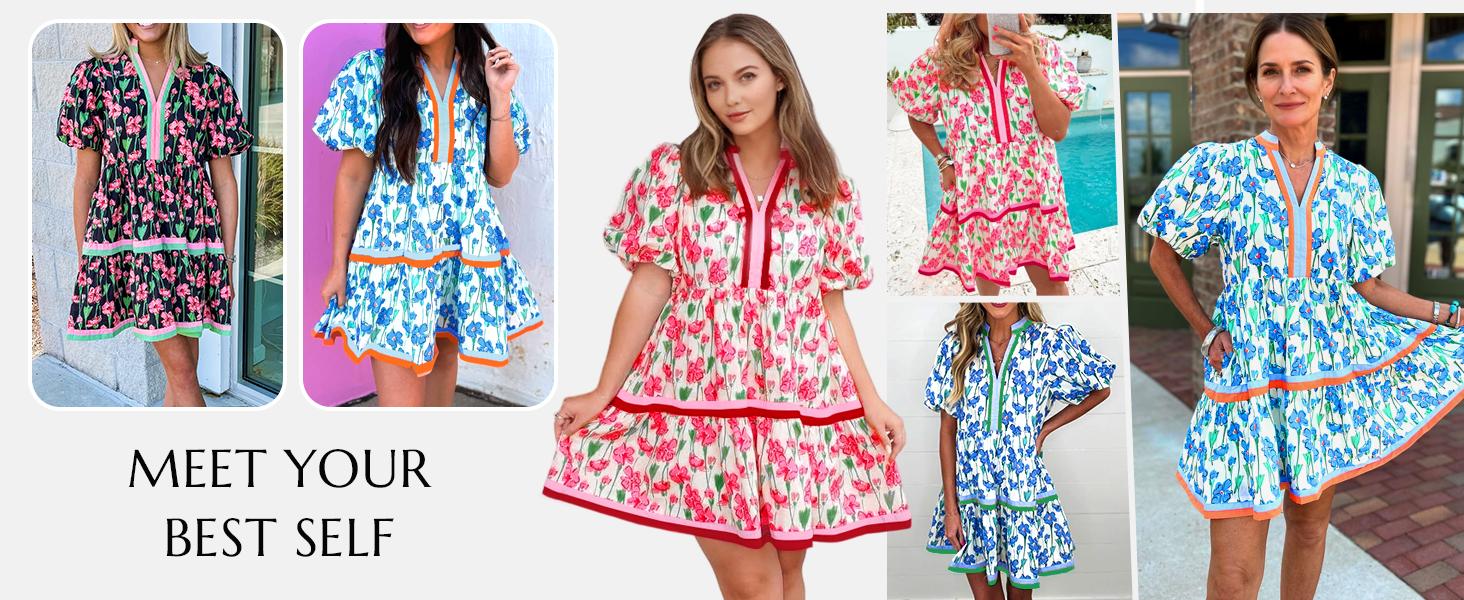 Cicy Bell Womens V Neck Floral Mini Dress Short Puff Sleeve Patchwork Summer Casual Boho Dresses Soft Fabric & Comfortable Fit