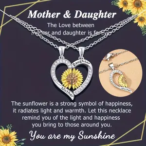 Mother Daughter Necklace Set for 2 Sunflower Matching Necklaces for Women Mothers Daughters Mothers Day Birthday Gifts from Mom Daughter Heart Necklace for Women