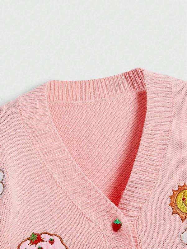 Strawberry Shortcake Women's Autumn/Winter Cute Cat Embroidery Front Button Cardigan