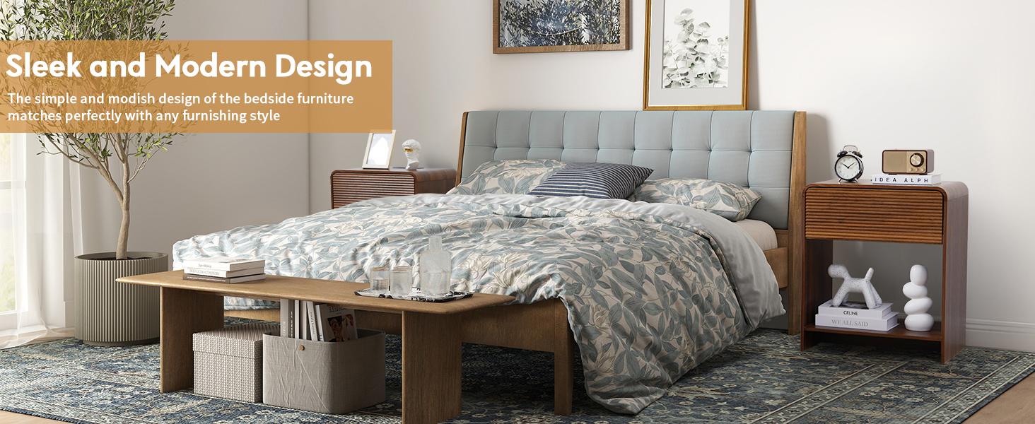 Giratree 24.8" Fluted Nightstand Set of 2 with Charging Station, Modern Bed Side Table End Table with Drawer Storage, Large Wooden Night Stands Bedside for Bedroom Living Room Sofa Office