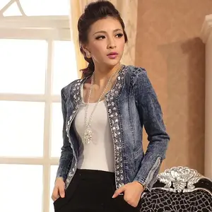 Spring and autumn stretch denim rhinestone sequins retro short jacket denim jacket（gift）Gift
