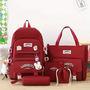 5pcs Solid Color Backpack Set, Large Capacity Double-Shoulder Bag, Simple Tote, Pencil Bag, Casual Crossbody, Lightweight Student Backpack Set with Ducky Charm, 3 Badges, and Rabbit Charm, Canvas Material, Position Print, Zip Clos