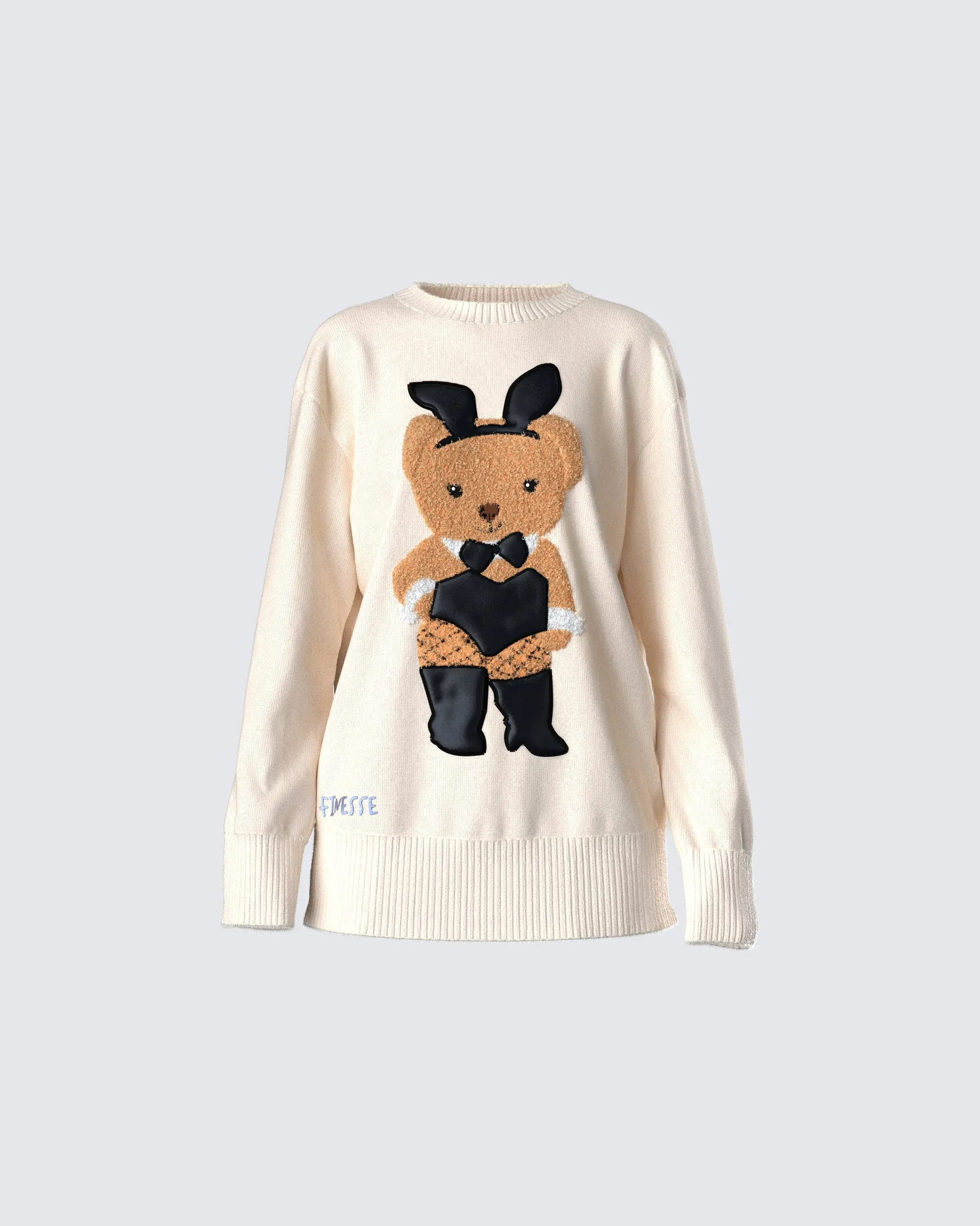 FINESSE Women's Oversized Sweater with Cute Teddy Graphic in Black Bunny Costume, Long Sleeves Knitwear, Fit, Tops, Clothes