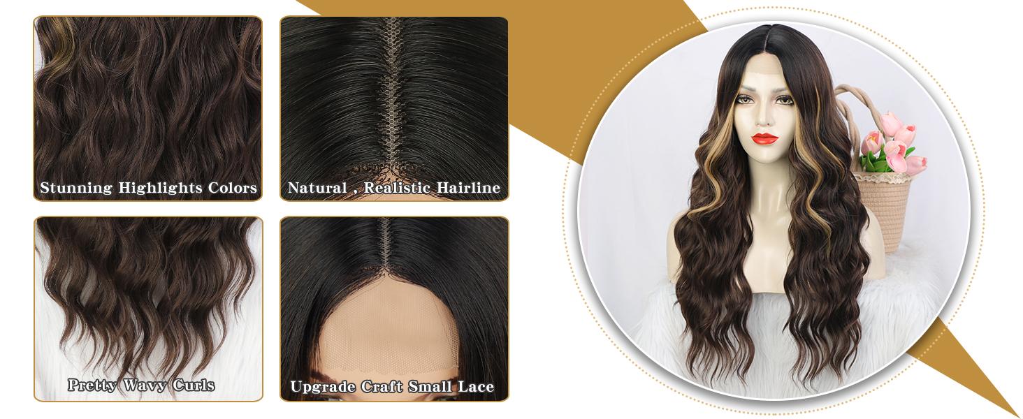 AISI HAIR 26inch Long Wavy Wig Highlights Color Synthetic Curly Middle Part for Women - Heat Resistant, Daily Party Use, Brown Mixed Blonde