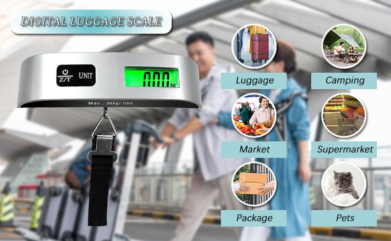 MOKUA Portable Digital Luggage Scale, Pet Scale for Accurate Weighing, 110lbs Hanging Baggage Scale with Backlit LCD Display, Portable Suitcase Weighing Scale, Travel Luggage Weight Scale with Hook, Strong Straps for Travelers