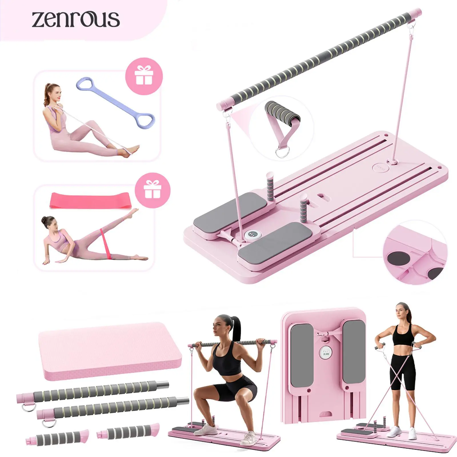 ZENROUS Pilates Board with Pilates Bar, Multi-functional Ab Exercise Board, Foldable Home Pilates Reformer, Maximum Load 300 lbs Fitness Board with Kneeling Pad and Timer, Abs Workout Equipment