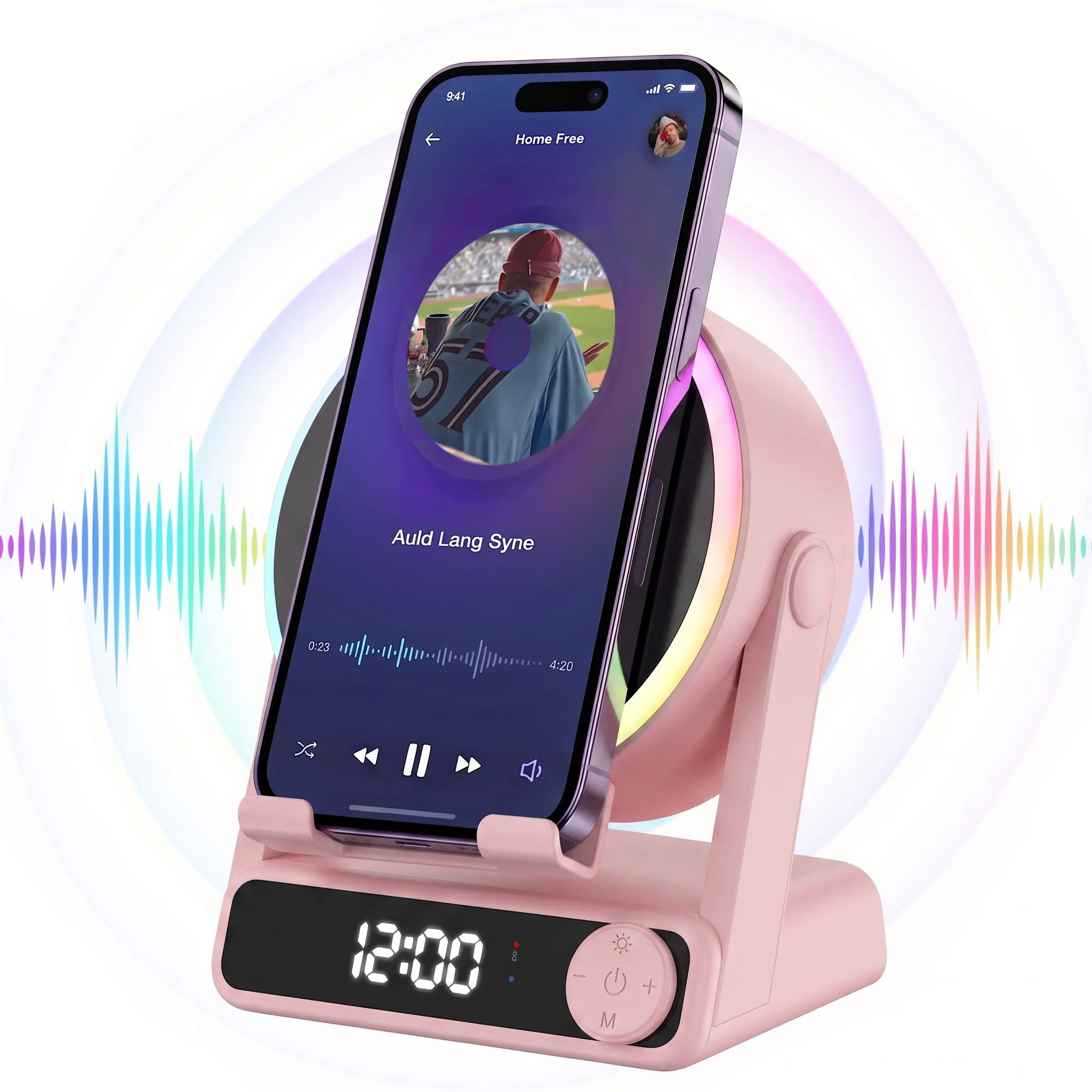 MFHHFM 5 In 1 Portable Bluetooth Music Speaker - Wireless Induction, Phone Stand, Digital Alarm Clock, RGB LED Night Light, Stereo Amplifier, 360° Adjustable Holder, Compact Portable Audio, Batteries, Light Up Your Space for iPhone/Android/iPad, Portable