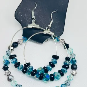 Handmade Jewelry - Blue Beaded Hoop Earrings with Silver Hooks for Women's Fashion Accessories