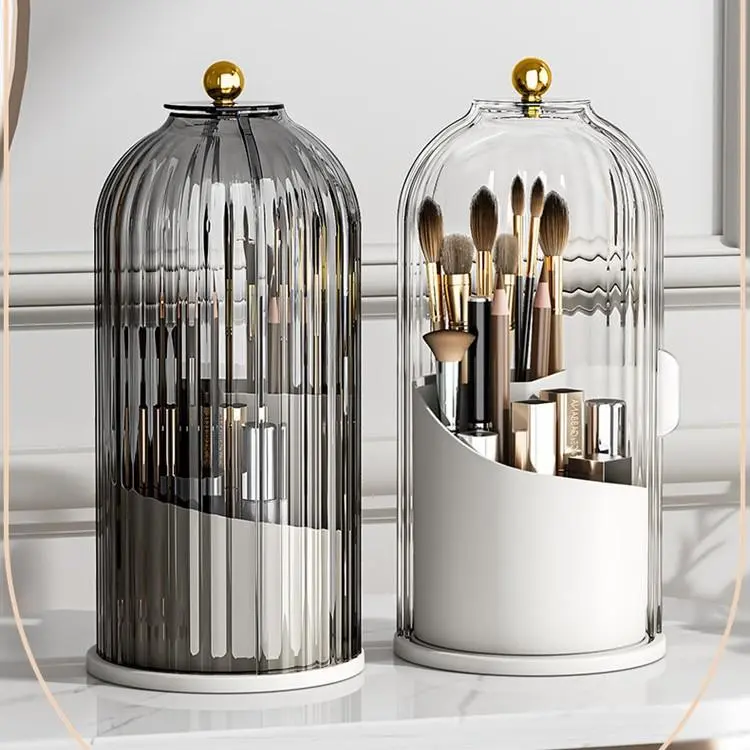 Rotating Makeup Brush Organizer Dustproof Cosmetic Storage Cage Desktop Pen Holder with Compartments for Vanity 360-degree rotation transparent premium plastic