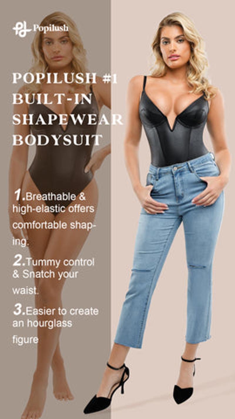 Popilush Elastic Deep V-Neck Leather Shapewear Thong Bodysuit  Adjustable Soft Breathable Fabric