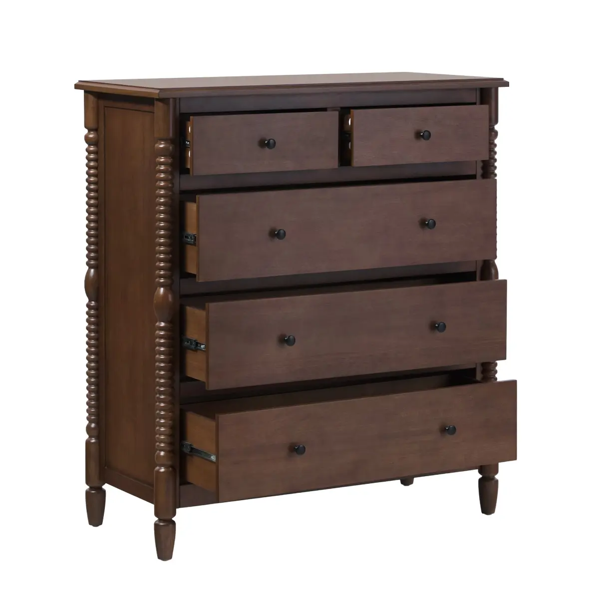 Walker Edison Solid Wood 2-Drawer Spindle Nightstand - 46.5x20x41.5 in., Easy Assembly, Dark Brown Wood Drawers Dresser, Antique Style Chest Of Drawers