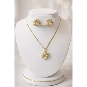 Gold Rose CZ Pendant Necklace & Stud Earrings Set – Gold Plated