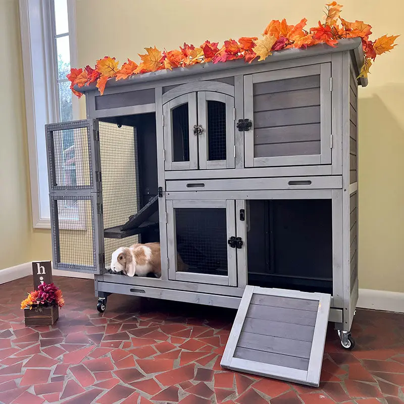 Aivituvin-AIR06-C Wooden Bunny Cage - Outdoor Animal Enclosure, 2-Story Rabbit Hutch with 4 Metal Wheels for Quick Move, 4 Lockable Front Doors, 2 Deeper No-Leak Trays, Central Window, Stairs for Climbing, Easy Clean (8.32 ft² Inner Space)