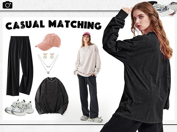 Gihuo Unisex Oversized Sweatshirt for Men Women Vintage Loose Fit Cotton Pullover Crewneck Baggy Acid Wash Long Sleeve Basic T-Shirt for Casual Wear Y2K