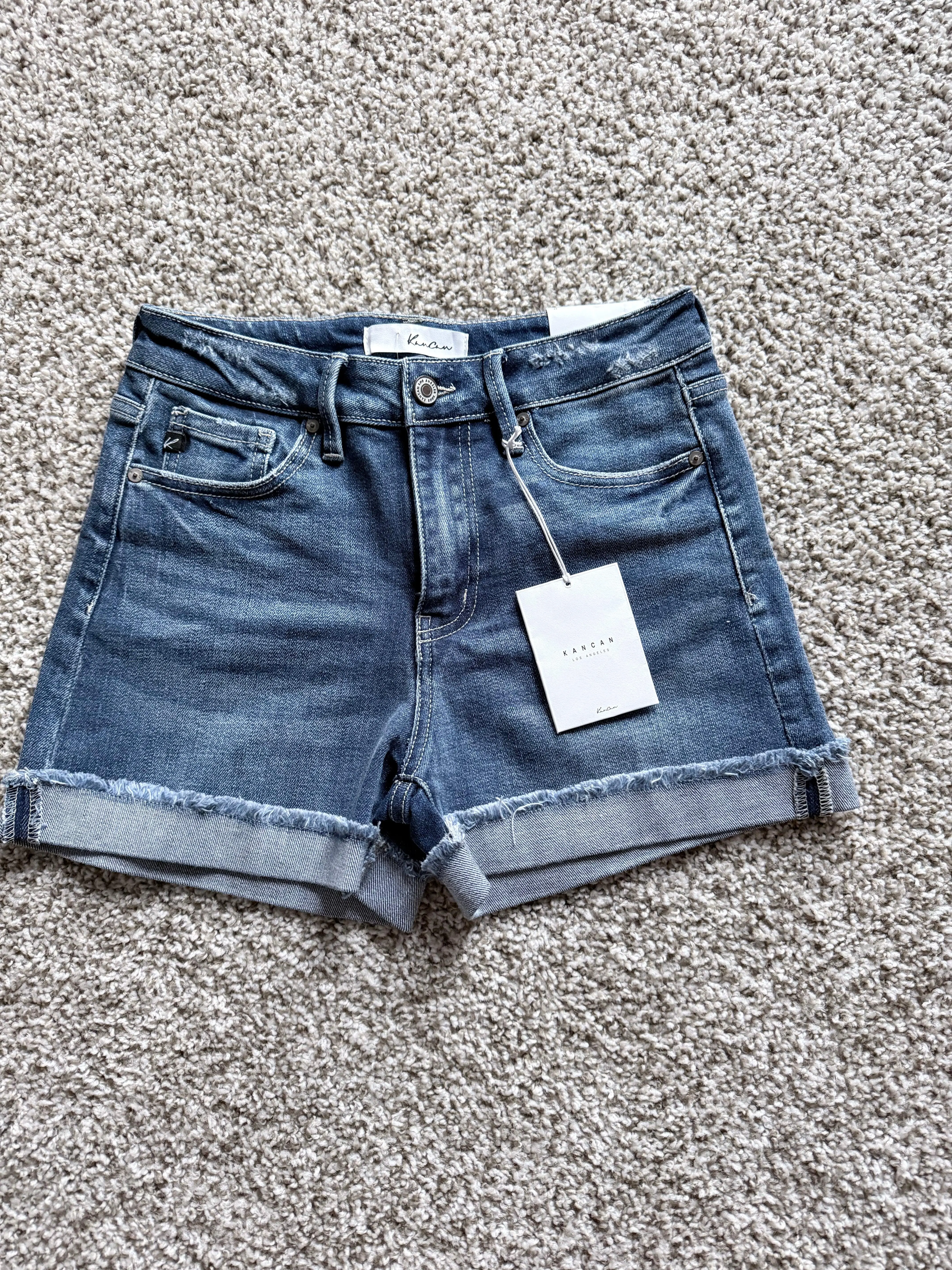 Women's Casual Distressed Jean Shorts - Medium-Washed Stretch Denim Clothes, Cuffed Hem, Ripped Light Edges, Above-Knee, Lightweight Basic Bottoms for Everyday Wear